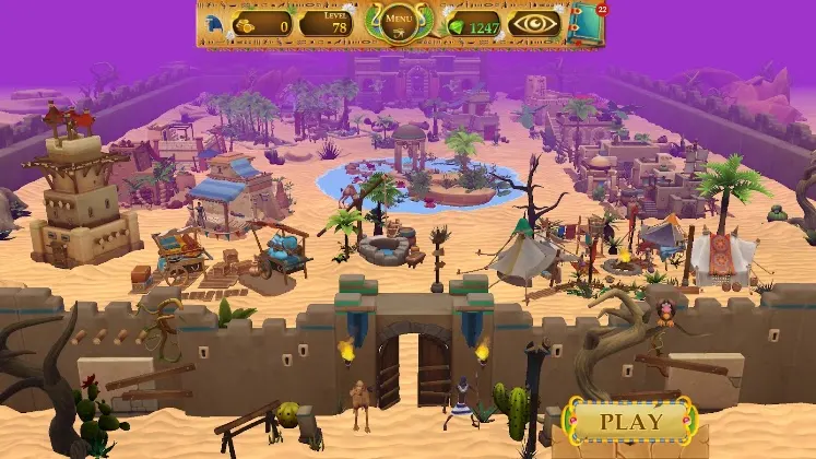 Aldeia junto a um o&aacute;sis com constru&ccedil;&otilde;es por recuperar e um bot&atilde;o de jogar